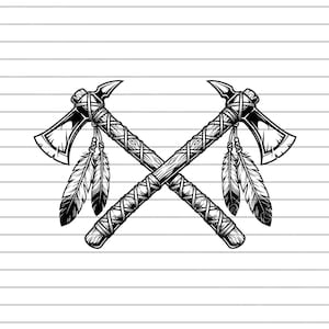 May include: Black and white illustration of two crossed tomahawks. The tomahawks have detailed handles with a woven design and are adorned with feathers. The image is set against a striped background.