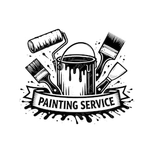 Può includere: Illustrazione in bianco e nero di strumenti per la pittura. Un rullo, pennelli, una spatola e un barattolo di vernice gocciolante circondano uno striscione con la scritta "PAINTING SERVICE".