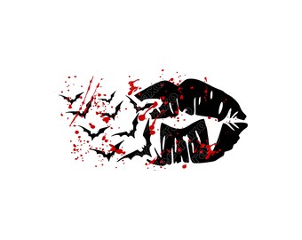 Lèvres de vampire SVG PNG JPG : chauve-souris gothique souffle crocs sanglants horreur baiser bouche éclaboussures rouges énervé Halloween mascotte graphique téléchargement immédiat