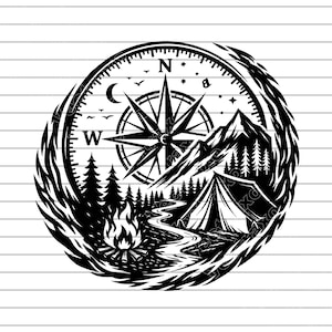 May include: Black and white illustration of a compass rose with a mountain range, trees, a tent, and a campfire. The compass points North, West, and includes a crescent moon, stars, and birds. The design is circular.
