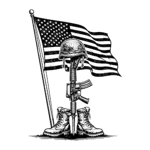 May include: A black and white illustration depicting a war memorial. It features an American flag, combat boots, a rifle, and a helmet. The flag is waving. The boots and rifle are placed in front of the flag.
