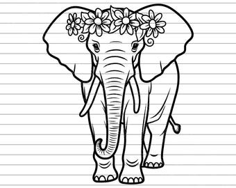 Elephant Floral Crown SVG PNG jpg, Boho Elephant Design, Flower Elephant Cut File, Cute Animal SVG, Cricut Elephant Clipart