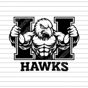 Puede incluir: Ilustración en blanco y negro de un halcón musculoso sosteniendo dos letras negras "H". La palabra "HAWKS" está impresa en negrita debajo. El halcón tiene una expresión intensa.