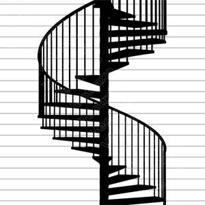 May include: A black spiral staircase silhouette against a white background with horizontal gray lines. The staircase features a series of steps and vertical railings, creating a curved design. The image is a vector illustration.