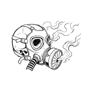 May include: A black and white line art illustration of a skull wearing a gas mask. The mask features a circular filter with a radiation symbol on the front, and wisps of smoke are shown emanating from the filter and the eye openings of the mask.