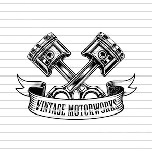 Może przedstawiać: Czarno-biała ilustracja dwóch skrzyżowanych tłoków z napisem "VINTAGE MOTORWORKS" na bannerze. Tłoki są szczegółowe z realistycznym cieniowaniem, a banner ma klasyczny, vintage design.