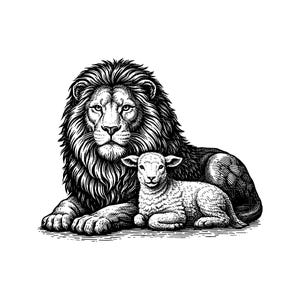 May include: A black and white ink-style illustration featuring a large, majestic lion with a thick, detailed mane lying down, with a small, gentle lamb resting peacefully directly in front of the lion, both depicted in a classic, high-contrast style.