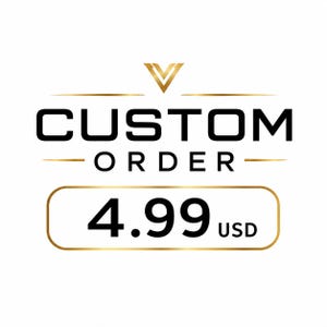 Peut inclure: Logo doré avec les mots "CUSTOM ORDER" en gras noir. En dessous, un rectangle doré avec les chiffres "4.99" en noir et les lettres "USD" en noir.