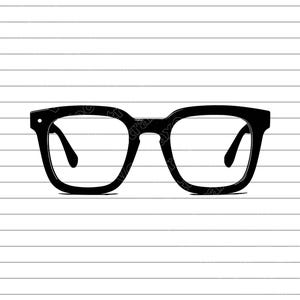 May include: Black-rimmed eyeglasses with a classic square frame design. The glasses are depicted in a simple, minimalist style, with a focus on the bold, dark outline against a striped background.