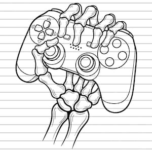 May include: Black and white illustration of a skeleton hand gripping a video game controller. The controller has buttons, a directional pad, and analog sticks. The design is detailed and graphic, perfect for gamers.