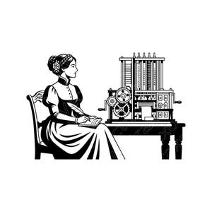 Puede incluir: Una ilustración en blanco y negro de una persona con el cabello trenzado y un vestido de cuello alto, sentada en una silla mientras escribe con una pluma en una libreta. A su lado hay un complejo dispositivo de cálculo mecánico.