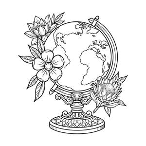 May include: A black and white line art illustration of a globe on a decorative stand, adorned with a large flower on the left side and a protea flower on the right side, featuring detailed leaves and petals surrounding the spherical map.