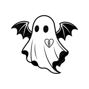 May include: A black and white graphic illustration of a ghost with bat wings. The ghost has two oval eyes and a heart shape on its chest that features a vertical line with horizontal cross-stitches. The design uses bold black outlines.