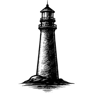May include: A black and white ink-style illustration of a tall lighthouse standing on a rocky base. The lighthouse features a tapered cylindrical tower, a lantern room with a pointed roof, and a railed gallery deck, rendered with detailed cross-hatching.