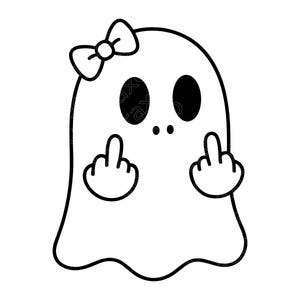 Puede incluir: Ilustración de un fantasma de dibujos animados en blanco y negro, con un lazo y mostrando el dedo corazón con ambas manos. El diseño es simple y audaz, adecuado para pegatinas o ropa.