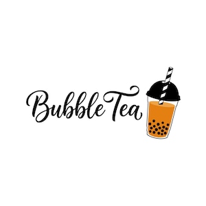 May include: A logo featuring the words "Bubble Tea" in elegant black script. A cartoon bubble tea drink with a black lid, a striped straw, and tapioca pearls is to the right of the text. The drink is orange.