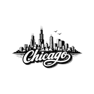 Op de afbeelding: Zwart-wit illustratie van de skyline van Chicago met de naam van de stad in een sierlijk lettertype. De afbeelding toont iconische wolkenkrabbers, water en vogels in vlucht, wat een klassiek stadsbeeld creëert.