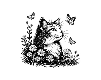 Cat With Flowers SVG, Cute Cat Floral Cut File, Fluffy Cat Graphic, Garden Cat Clipart, Wildflower Cat Sublimation Design, Instant Download