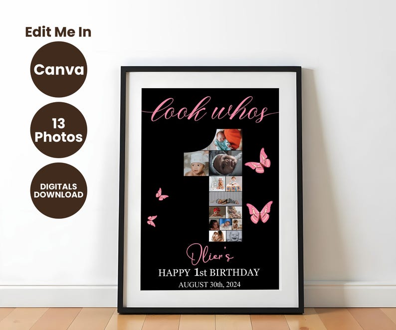 First Baby Birthday Photo Collage Poster Template, Pink Butterfly ...