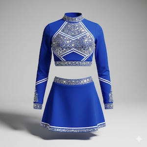 Op de afbeelding: Een tweedelig cheerleading-uniform in koningsblauw. De top met lange mouwen en de rok zijn versierd met zilveren strass-steentjes en witte accenten. De top heeft een hoge halslijn en een geometrisch ontwerp op de borst.