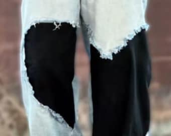 Pantalones vaqueros patchwork, pantalones anchos bicolor desgastados, vaqueros holgados de estilo urbano.