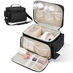 May include: Black insulated breast pump bag with multiple compartments and pockets. The bag is open, revealing bottles, a breast pump, and cleaning supplies. It has a top handle and a shoulder strap for easy carrying.