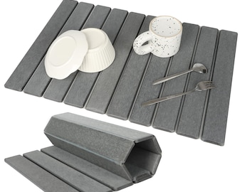 Diatomaceous Earth Dish Drying Mat: XL Quick Dry Stone Sink Pad, Quick Foldable Drying Mat, Dark Grey Stone Drying Mat Kitchen Counter Grey