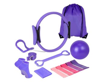17-Piece Pilates Kit for Women | Home Workout Set with Ring, Ball, Bands (Purple)