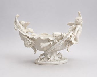 Rare 19thC Moore Brothers English Porcelain Cactus Flower Cherub Centerpiece Bowl c. 1880, Large Victorian Blanc de Chine Biscuit Figural