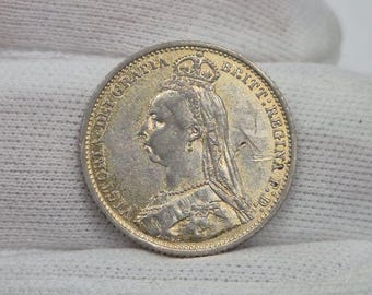 Rare 1887 Sixpence Victoria Jubilee Head Silver Coin, United Kingdom, Withdrawn Shield Reverse Design, Antique British Coin, Numismatic Gift