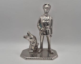 Antique Silver Plated Bronze Soldier with German Shepherd Figurine, Vintage Military Officer and Dog Statue, Heavy Metal Cast Menu Holder 8"