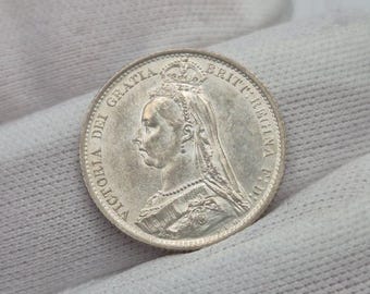 Rare 1887 Sixpence Victoria Jubilee Head Silver Coin, United Kingdom, Withdrawn Shield Reverse Design, Antique British Coin, Numismatic Gift
