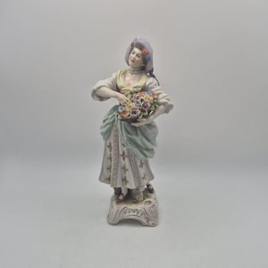 Vintage Rudolf Kammer Volkstedt Porcelain Figurine 22cm - German Thuringia Lace Style Girl with Flower Basket - Crown K Mark Model 712
