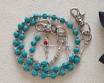 Blue Crack Stone Round Beads Wallet Chain, Punk Jeans Chain, Gothic Pants Chain, Motorcycle Purse Clip Waist Chain, y2k Rose Cross Chain