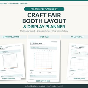 May include: A printable PDF planning kit titled Craft Fair Booth Layout & Display Planner. It includes 15 pages, 2 PDF files, and US Letter and A4 formats. The pages feature grids for custom-size booth layouts, 10x10 ft booth grids, and display planners.