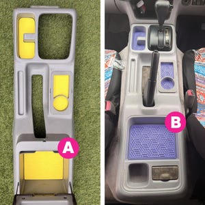 May include: A gray automotive center console insert set featuring geometric patterned mats. Image A displays yellow mats installed in a console, while image B shows purple mats installed in a vehicle center console with a gear shifter and handbrake.