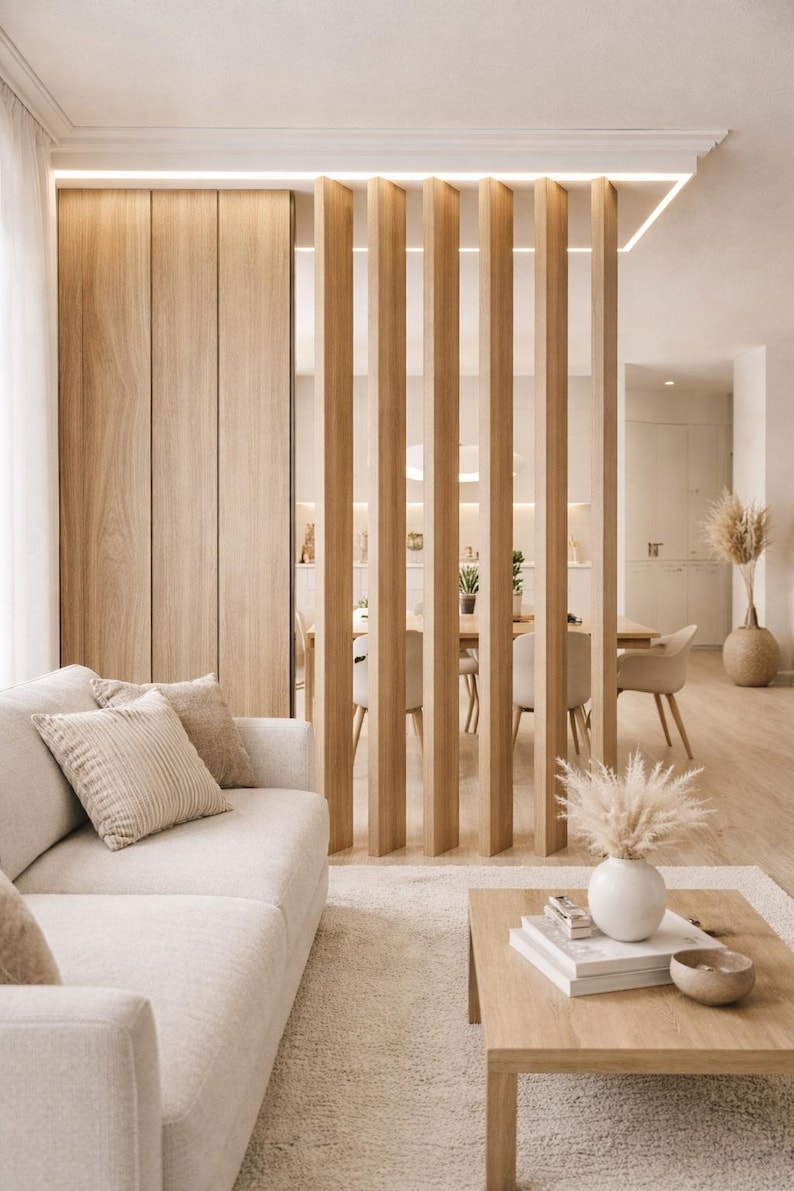 May include: A modern living room with a neutral color palette. A light-colored sofa with throw pillows sits on a plush rug. A wooden coffee table holds books and a vase with dried flowers. Vertical wooden slats create a room divider.
