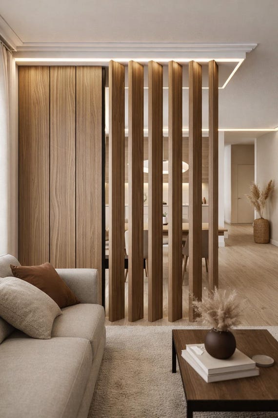 Wooden Slat Room Divider with Privacy Screen, Freestanding Custom Design