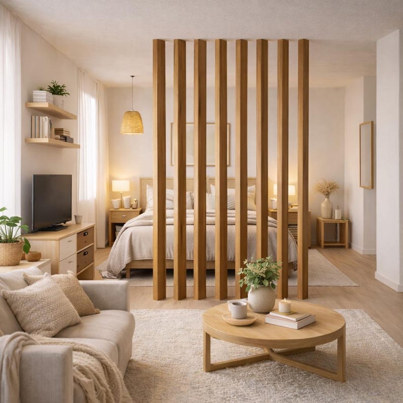 Wooden Slat Room Divider with Privacy Screen, Freestanding Custom Design image 20