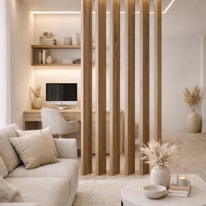 May include: A modern living space with a light color palette. A light beige sofa with decorative pillows sits on a fluffy rug. A round coffee table with a black metal base holds decorative items. A wooden slat room divider separates the living area from a home office.