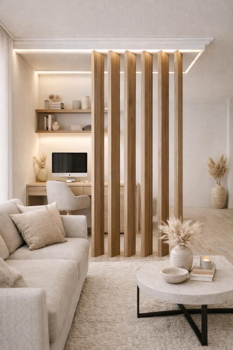 May include: A modern living space with a light color palette. A light beige sofa with decorative pillows sits on a fluffy rug. A round coffee table with a black metal base holds decorative items. A wooden slat room divider separates the living area from a home office.