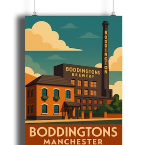May include: A vintage-style poster featuring the Boddingtons Brewery in Manchester. The artwork depicts a brick building with orange walls and a dark brown roof, alongside a taller, dark smokestack. The sky is a teal color with cream-colored clouds. The poster has the text "Boddingtons Brewery" and "Manchester".