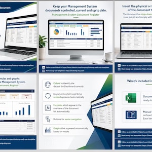 May include: A digital management system document register Excel template displayed on a laptop and desktop monitor, featuring automated dashboards, data entry drop-down lists, performance graphs, and a comprehensive instruction manual for document control.
