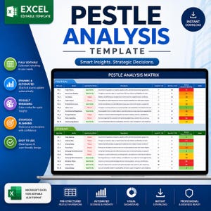 May include: A laptop screen displays a PESTLE Analysis template. The template is color-coded and includes sections for Political and Economic factors. The design features the text "PESTLE ANALYSIS TEMPLATE" and icons for editing, automation, and instant download.