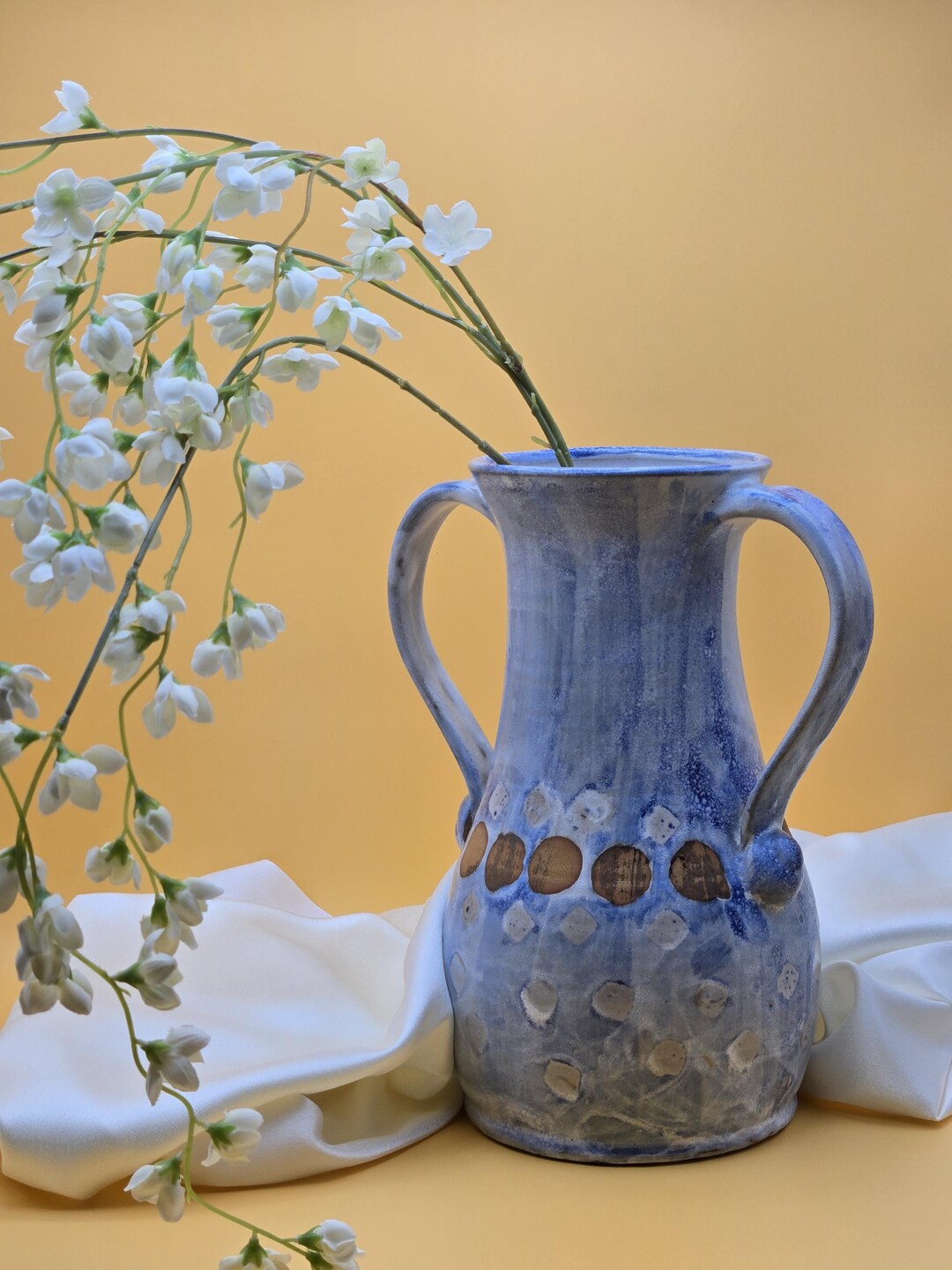Hand Thrown Blue Ceramic Vase With Double Handles | Vintage Pottery ...