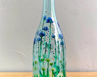 Aqua Blue Wildflower Painted Bottle Vase - Cornflowers Daisies Art Glass Decor