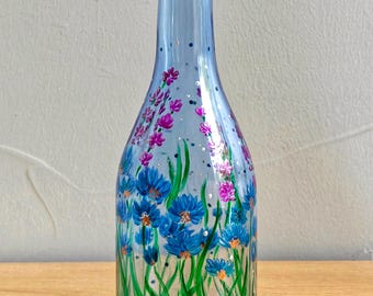 Hand-Painted Blue Glass Bottle - Cornflowers & Lavender Wildflower Art Vase