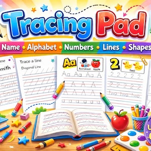 May include: A colorful Tracing Pad with the words "Tracing Pad" at the top. The pad includes sections for tracing names, the alphabet, numbers, lines, and shapes. Pencils, crayons, and an apple are scattered around the pad. The pad is A5, A4, and US Letter size with 60 pages.