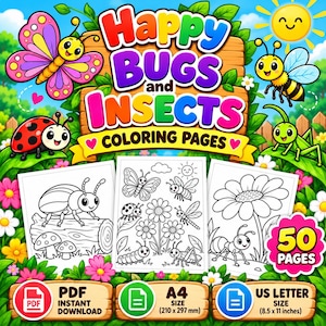 以下が含まれることがあります： 50ページのHappy Bugs and Insects Coloring Pagesと題されたデジタル塗り絵。表紙には蝶、ハチ、テントウムシ、バッタが描かれています。PDF、A4サイズ（210 x 297 mm）、USレターサイズ（8.5 x 11インチ）が含まれています。