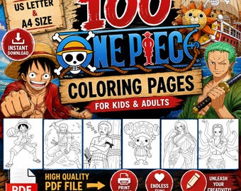 100 One Piece Coloring Pages Printable PDF | Anime Pirate Coloring Book for Kids & Teens | Instant Download